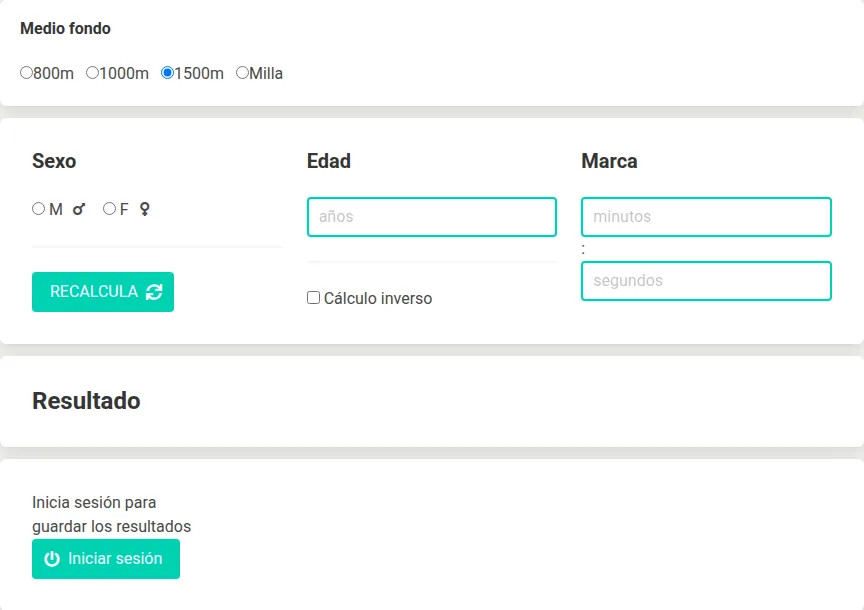 Selector de prueba de la calculadora individual con el grupo Medio fondo abierto